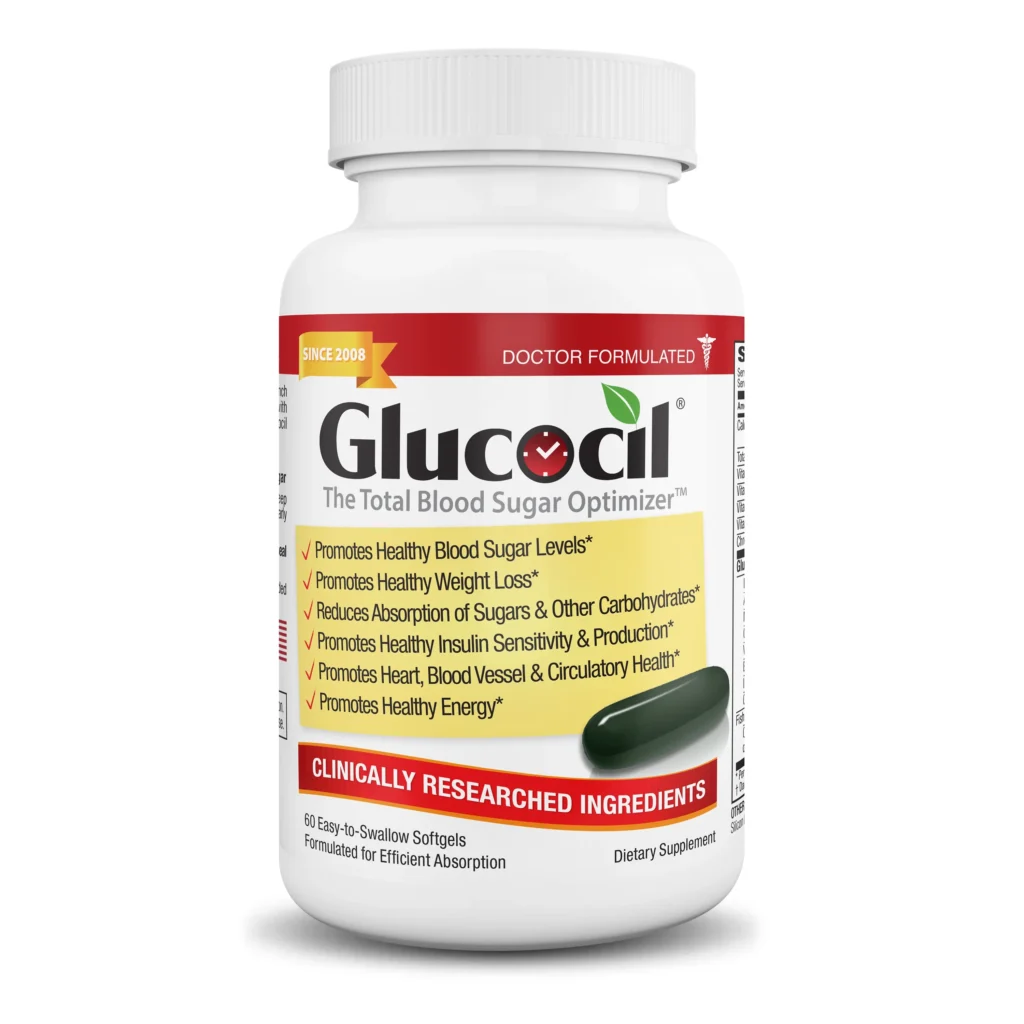 Glucocil dietary supplement bottle promoting blood sugar control, insulin sensitivity, and healthy weight.
