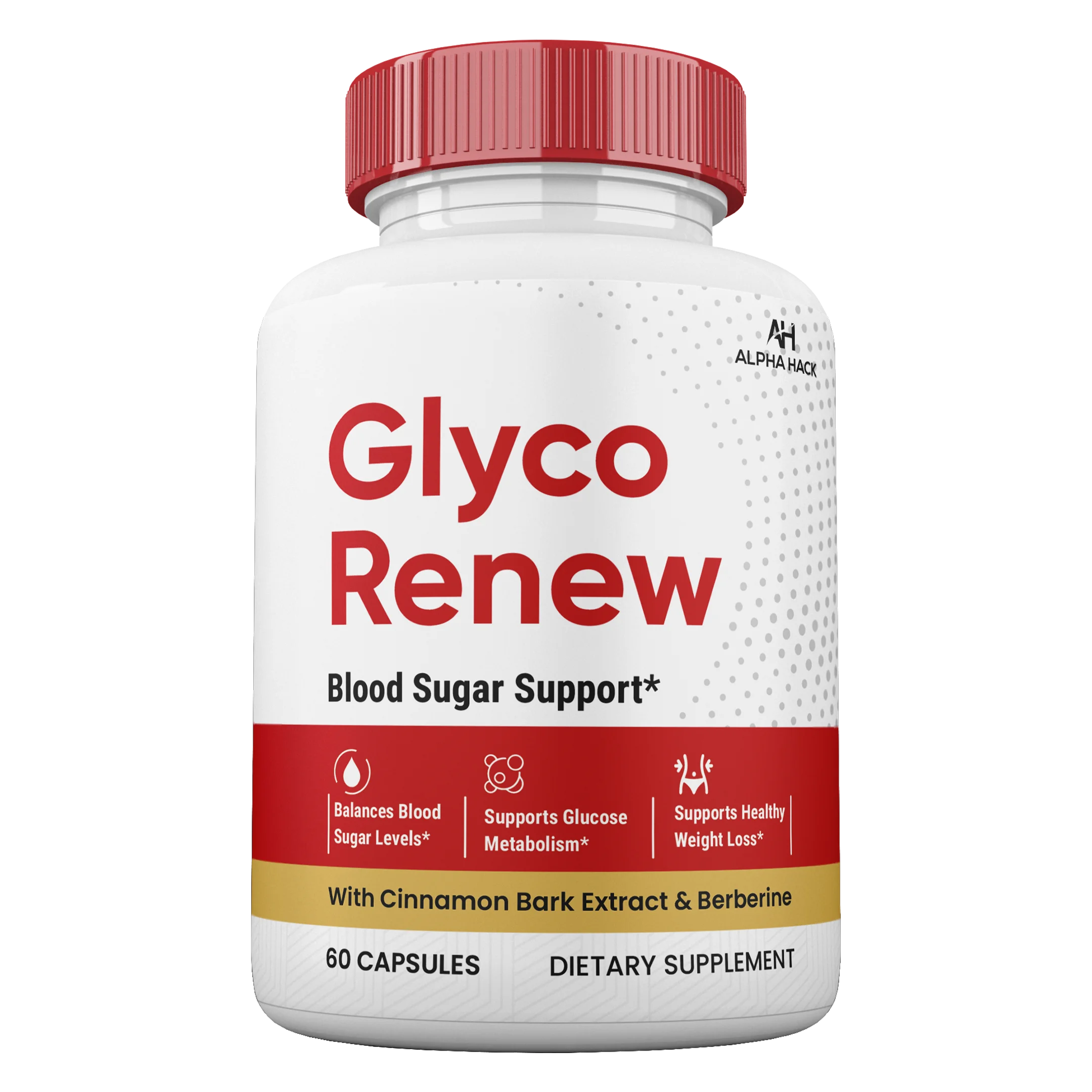 Glyco Renew dietary supplement bottle for blood sugar support.