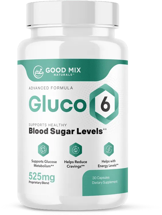 Gluco6 dietary supplement bottle for healthy blood sugar levels, energy, and metabolism support.