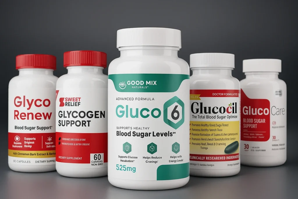 Top 5 Blood Sugar Support Supplements including Gluco 6 and Glucocil.